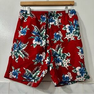 Brooklyn Cloth Surf Ave Small Red Hawaiian Floral Volley Swim Trunks Shorts
